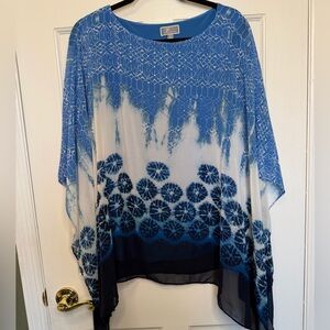 JM Collection Blue Ombre Floral Chiffon‎ Blouse Sheer Overlay Top Size XL